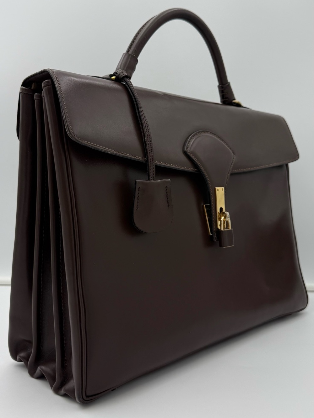 🇮🇹COLOMBO 1937 MILANO • Unisex Brown Box Calf 38 Bag (Kelly Sac à Dépêches Type) - Picture 3 of 16